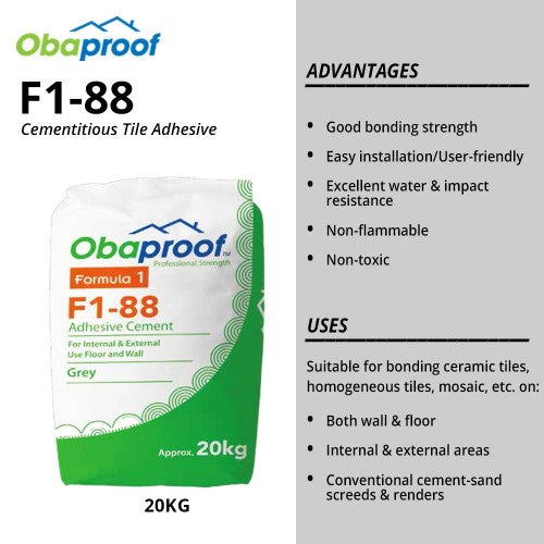 Obaproof F1-88 Cementitious Tile Adhesive 20KG (GREY)