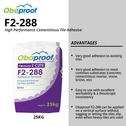 Obaproof F2-288 High Performance Cementitious Tile Adhesive 25KG (GREY)